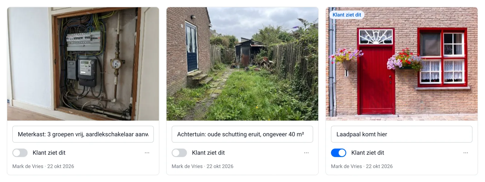 Het tabblad Foto's van een offerte: drie foto's van de klus met een korte tekst, één zichtbaar voor de klant