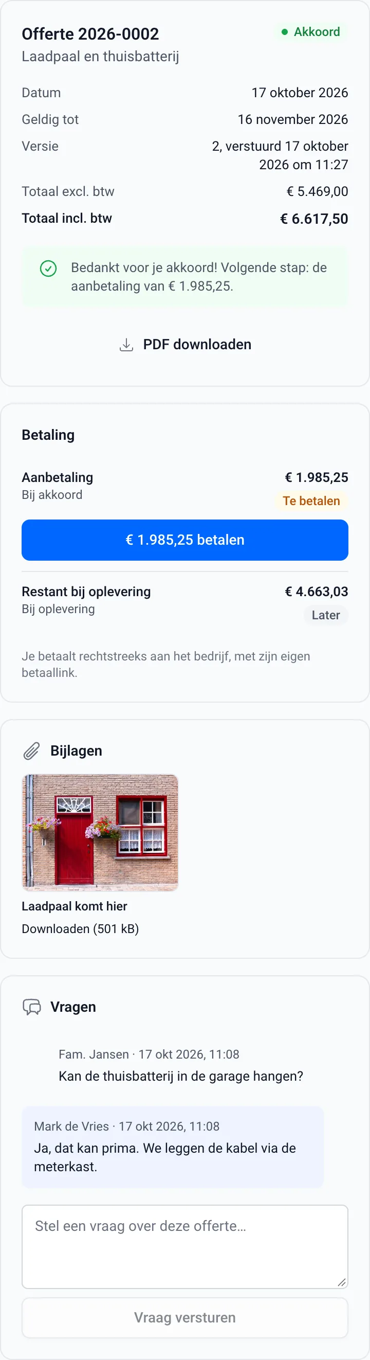 De pagina van de klant: de offerte, ja zeggen, de betalingen en vragen met antwoorden