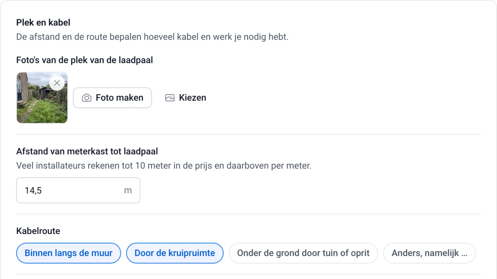 De opname voor een laadpaal in OfferDesk: een foto van de plek, de afstand tot de meterkast en de kabelroute